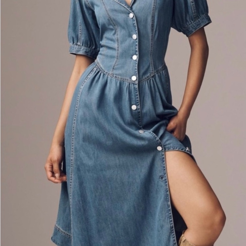 Anthropologie Blue Peplum Midi Dress with Puff Sleeves